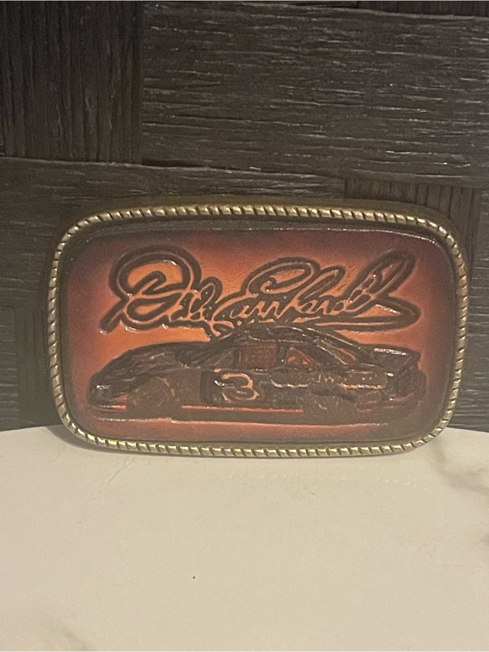 Vtg Alumaline No 101 Belt Buckle Leather & Brass Race Car 3 Dale Earnhardt